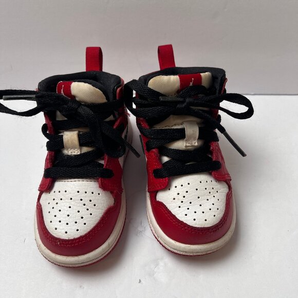 Kids Jordan 1 Red White with Black Swoosh Shoes Size 5C Black Laces - Picture 7 of 12